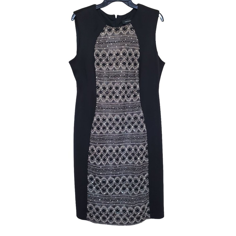 R&M RIchards Sleeveless Black Sheath Cocktail Dress Sparkly Lace Front  Sz 14